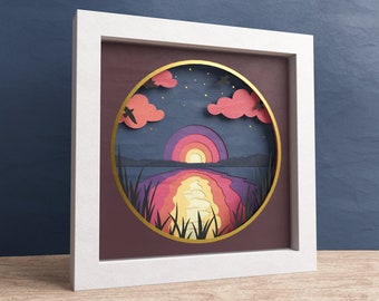 3D Sunset Shadow Box, Sunset At The Lake, Nature Landscape SVG, Layered Paper Art, Maritime Decor, For Cricut, Easy Instructions