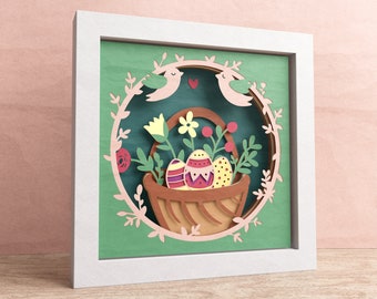 3D Easter Basket Shadow Box, Happy Eggs SVG, Layered Paper Art, Floral Shadow Box, Files For Cricut and Silhouette with Easy Instructions