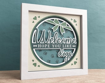 Bienvenida 3D - Espero que te gusten los perros Shadow Box, signo de bienvenida dividido, archivos Mandala 3D para Cricut y silueta con instrucciones sencillas