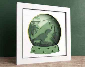 T-Rex Dinosaur Shadow Box, Dino Layered Paper Art, Snow Globe SVG, Nursery Papercut Template, Files For Cricut with Easy Instructions