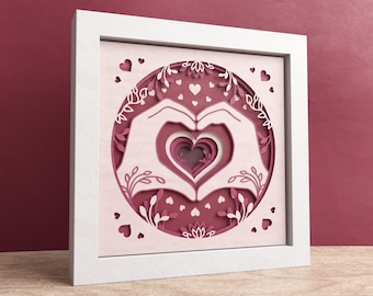3D Heart Shadow Box, Valentines Day Shadow Box, Layered Paper Art, Heart Hands 3D SVG, Files For Cricut with Easy Instructions
