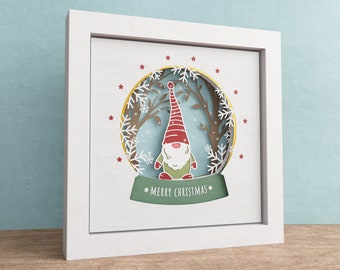 3D ノーム シャドー ボックス、スノー グローブ SVG、メリー クリスマス SVG、Cricut および Silhouette 用ファイル、簡単な説明付き