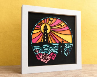 3D Stained Glass Lighthouse Shadow Box, Couple Shadow Box SVG, Valentines Day Shadow Box, Rose Files For Cricut with Easy Instructions