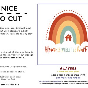 May include: A digital design for a rainbow with a house and heart inside, with the text "Home is where the heart is". The design is 8.3 inches wide and comes in 6 layers, including SVG, DXF, EPS, PDF, and Silhouette Studio file formats.