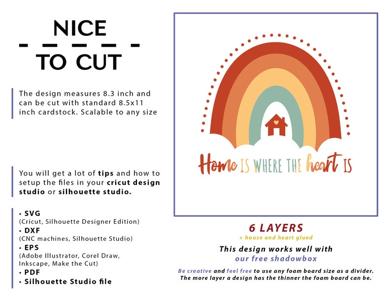 May include: A digital design for a rainbow with a house and heart inside, with the text "Home is where the heart is". The design is 8.3 inches wide and comes in 6 layers, including SVG, DXF, EPS, PDF, and Silhouette Studio file formats.