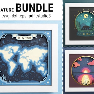 3D Nature Shadow Box Bundle, Sunset At The Lake, Nature Landscape SVG, World Map Shadow Box, Bear 3D SVG, For Cricut, Easy Instructions