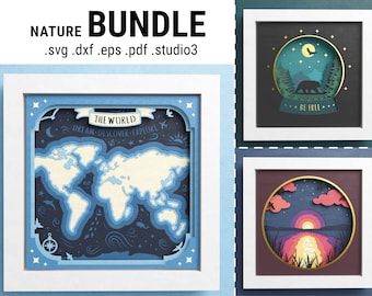 3D Nature Shadow Box Bundle, Sunset At The Lake, Nature Landscape SVG, World Map Shadow Box, Bear 3D SVG, For Cricut, Easy Instructions