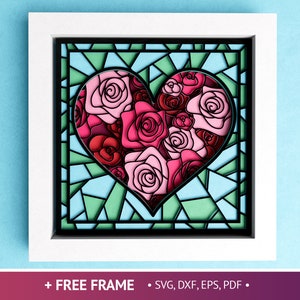 Scatola porta ombre in vetro colorato a forma di cuore 3D con rose, Festa della mamma SVG, Taglio di carta a strati per matrimonio, File scatola porta ombre per Cricut con semplici istruzioni