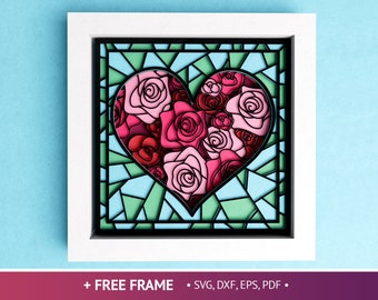 3D Heart Stained Glass Shadow Box with Roses, Mothers Day SVG, Wedding Layered Papercut, Shadow Box Files For Cricut with Easy Instructions