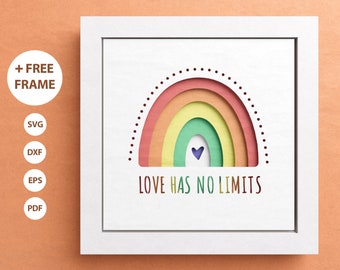 May include: A white frame with a colorful rainbow design and the text "LOVE HAS NO LIMITS" in brown lettering. The rainbow is made of layered paper with a small purple heart in the center.
