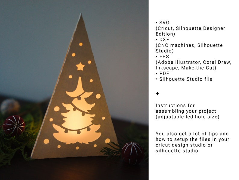 May include: A white papercraft Christmas tree with a cut-out design of a Christmas tree with lights and ornaments. The tree is lit from behind, creating a warm glow. The image includes instructions for assembling the project and tips for setting up the files in Cricut Design Studio or Silhouette Studio.