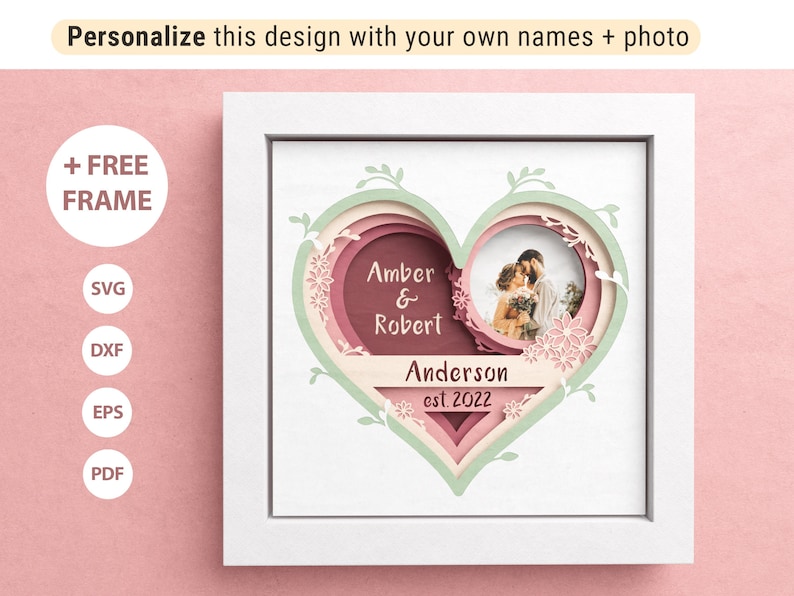 3D Customizable Wedding Shadow Box, Custom Name Shadow Box, Layered Paper Art, Heart 3D SVG, Files For Cricut with Easy Instructions image 1