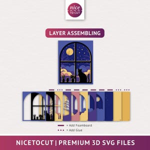 May include: A layered papercraft design of a window with a cat looking out at a moonlit night sky. The design includes a moon, stars, clouds, and a silhouette of a cat. The image shows the different layers of the design and how they are assembled. The text "nice to cut" and "layer assembling" are also included in the image.