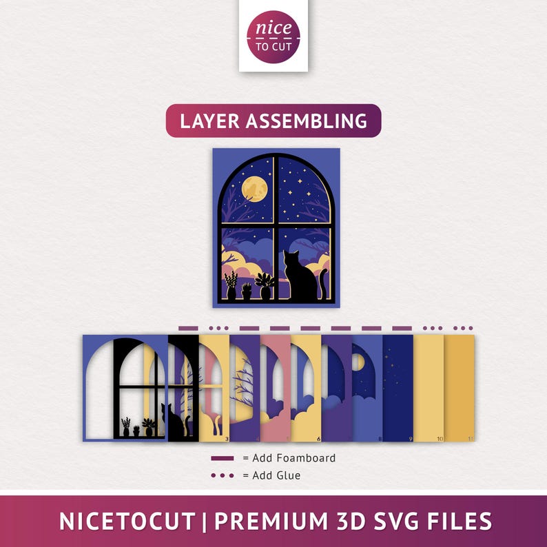 May include: A layered papercraft design of a window with a cat looking out at a moonlit night sky. The design includes a moon, stars, clouds, and a silhouette of a cat. The image shows the different layers of the design and how they are assembled. The text "nice to cut" and "layer assembling" are also included in the image.