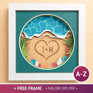 3D personnalisé plage initiales Shadow Box, boîte de la Saint-Valentin, coeur 3D et SVG amour, amour fichiers pour Cricut avec instructions faciles
