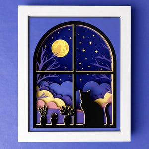 Scatola delle ombre con gatto e luna 3D, 8 x 10 Moonlight Window Art 3D SVG, file mandala 3D notturni per Cricut e Silhouette con istruzioni semplici