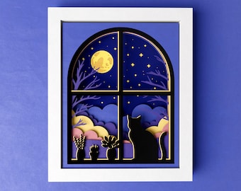 3D Cat Moon Shadow Box, 8 x 10 Moonlight Window Art 3D SVG, nacht 3D-mandalabestanden voor de Cricut en Silhouette met eenvoudige instructies