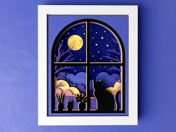 3D Cat Moon Shadow Box, 8 x 10 Moonlight Window Art 3D SVG, Night 3D Mandala Files For Cricut and Silhouette with Easy Instructions