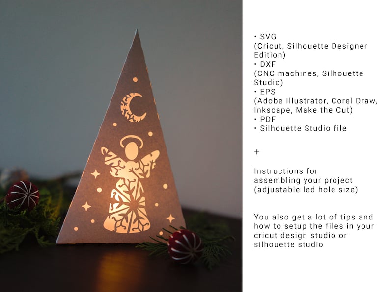 May include: A white paper Christmas tree with a cut-out angel design and a crescent moon. The tree is illuminated from behind, creating a warm glow. The image includes instructions for assembling the project, which includes an adjustable LED hole size. The text also mentions tips for setting up the files in Cricut Design Studio or Silhouette Studio.