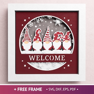 Scatola delle ombre di benvenuto di Gnome 3D, Scatola delle ombre di Natale Svg, Buon Natale Svg, File per Cricut e Silhouette con semplici istruzioni