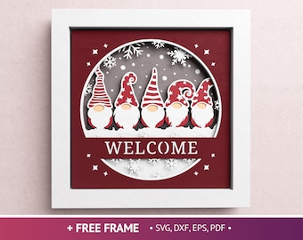 3D ノーム ウェルカム シャドウ ボックス、クリスマス シャドウ ボックス SVG、メリー クリスマス SVG、Cricut および Silhouette 用ファイル、簡単な説明付き