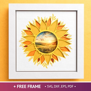 3D-zonnebloem aangepaste foto schaduwdoos, Floral Tiny World, Papercut-sjabloon, 3D-mandalabestanden voor Cricut en Silhouette, eenvoudige instructies