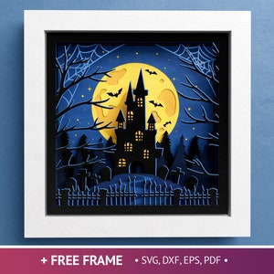 Scatola delle ombre della casa stregata 3D, Halloween SVG, Scatola delle ombre della luna piena, Cimitero 3D SVG, File per Cricut e Silhouette con semplici istruzioni