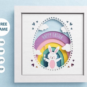 3D Easter Bunny Shadow Box, Happy Easter SVG, Rainbow Shadow Box, Layered Paper Art, File per Cricut e Silhouette, Semplici istruzioni