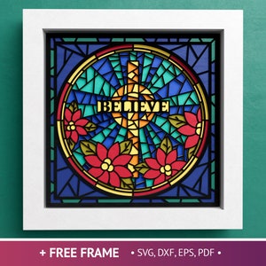 3D gebrandschilderd glas geloven Cross Shadow Box, Christmas Shadow Box SVG, Poinsettia gelaagde papercut, bestanden voor Cricut met eenvoudige instructies