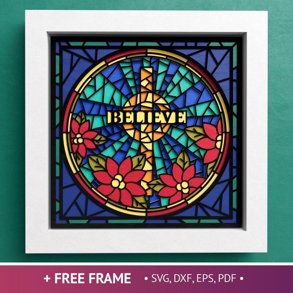 Vetro colorato 3D Believe Cross Shadow Box, Christmas Shadow Box SVG, Poinsettia Layered Papercut, File per Cricut con semplici istruzioni