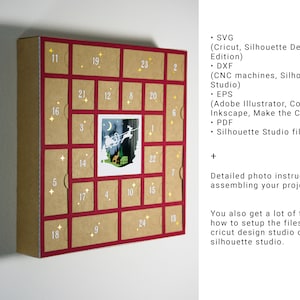 May include: A handmade Advent calendar with a red frame and individual numbered compartments. The calendar features a festive illustration of Santa's sleigh and reindeer. The image includes text about file formats and instructions.