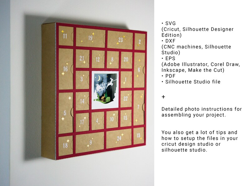 May include: A handmade Advent calendar with a red frame and individual numbered compartments. The calendar features a festive illustration of Santa's sleigh and reindeer. The image includes text about file formats and instructions.