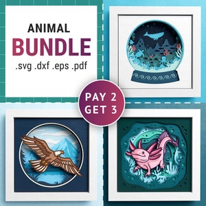 3D Animals Shadow Box Bundle | Axolotl, Eagle, Ocean Shadow Box SVG, Nature Layered Papercut, Files For Cricut with Easy Instructions