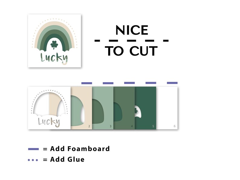 May include: A layered rainbow with a shamrock and the word "Lucky" in white text. The rainbow is in shades of green, beige, and white. The image is labeled "NICE TO CUT" and shows how to cut out the rainbow in layers to create a 3D effect.