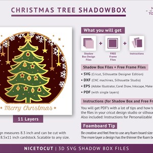 K&ouml;nnte beinhalten: Ein digitaler Download f&uuml;r ein 3D-Schattenbox-Bastelprojekt mit einem Weihnachtsbaum mit goldenen und gr&uuml;nen Akzenten. Das Design misst 8,3 Zoll und umfasst 11 Schichten. Das Bild enth&auml;lt den Text "Merry Christmas" und "NICE TO CUT".