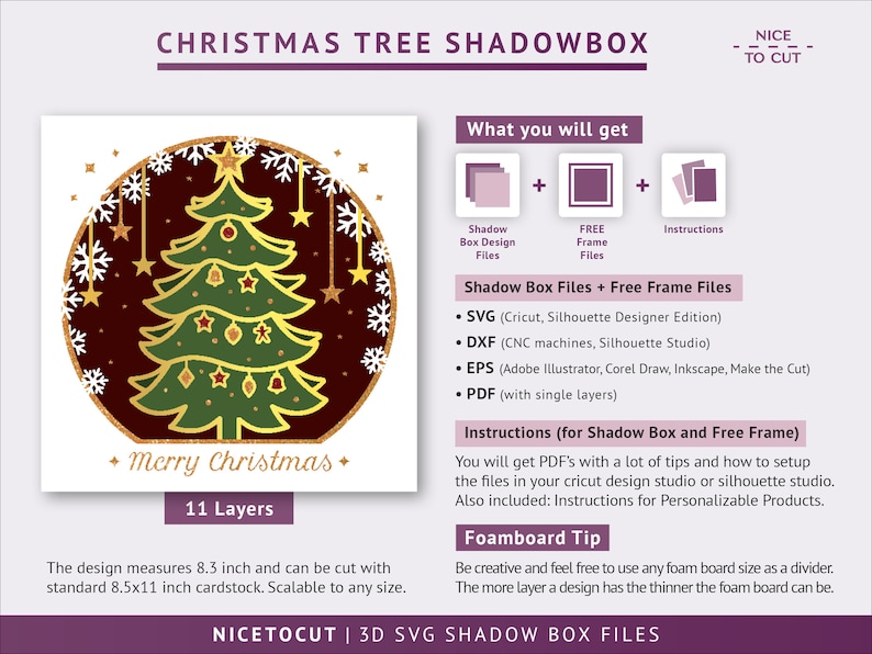 K&ouml;nnte beinhalten: Ein digitaler Download f&uuml;r ein 3D-Schattenbox-Bastelprojekt mit einem Weihnachtsbaum mit goldenen und gr&uuml;nen Akzenten. Das Design misst 8,3 Zoll und umfasst 11 Schichten. Das Bild enth&auml;lt den Text "Merry Christmas" und "NICE TO CUT".