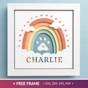 Caja de sombras conmemorativa de mascotas personalizada en 3D, arco iris con pata, regalo personalizable, regalo conmemorativo personalizado, archivos para instrucciones fáciles de Cricut
