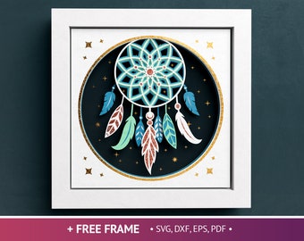 3D Dreamcatcher Schatten Box, Celestial Shadow Box, Federn 3D SVG, Mandala Dateien für Cricut und Silhouette mit einfachen Anweisungen