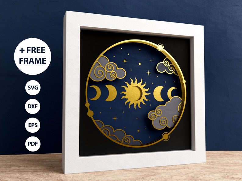 May include: A white frame with a gold and blue paper cut design of a sun, moon, and clouds. The design is set against a black background.