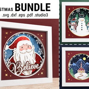 3D Christmas Shadow Box Bundel, Santa Shadow Box SVG, Kerstmis Gelaagde Papercut, Vader Kerst, Bestanden voor Cricut met eenvoudige instructies