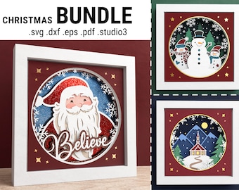 3D Christmas Shadow Box Bundle, Santa Shadow Box SVG, Christmas Layered Papercut, Father Christmas, Files For Cricut with Easy Instructions