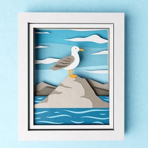 Scatola d'ombra del gabbiano 3D, Scatola d'ombra nautica SVG, Scatola d'ombra dell'oceano, File di animali marittimi per Cricut con semplici istruzioni