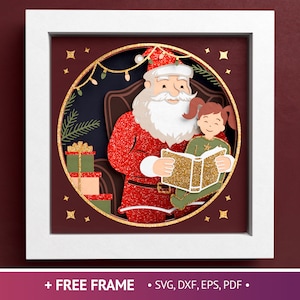 3D Santa Reading with Child Shadow Box, Weihnachten Shadow Box SVG, Weihnachtsgeschenk, Weihnachtsmann, Dateien für Cricut, einfache Anleitung