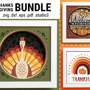 3D Thanksgiving Shadow Box Bundel, Turkije, Floral Svg, 3D Mandala, Welkom Pompoen Teken, Regenboog, Bestanden voor Cricut met eenvoudige instructies