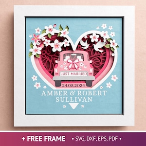 Caja de sombras para coche de boda en 3D, SVG con nombre personalizado de recién casados, recorte de papel con capas de flores para boda, archivos de caja de sombras para Cricut con instrucciones sencillas