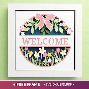 Boîte d'ombre de bienvenue 3D, boîte d'ombre à la maison, fleurs de cerisier, art floral sur papier en couches, fichiers pour Cricut avec instructions faciles