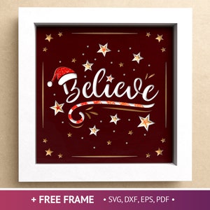 3D Believe in Christmas Shadow Box, Santa Shadow Box SVG, Weihnachten Layered Papercut, Weihnachtsmann, Dateien für Cricut einfache Anleitung