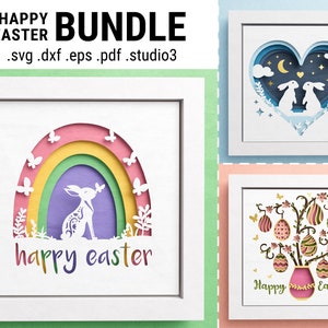3D Osterschatten Box Bundle, Frohe Ostern SVG, Ostern Baum Schattenbox, Regenbogen Schattenbox, Hase SVG, Dateien für Cricut, Einfache Anleitung