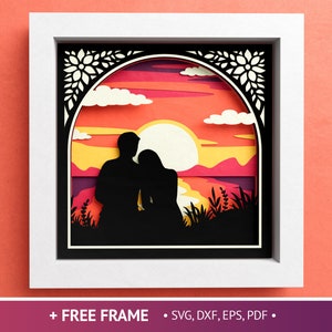 Scatola di ombre del tramonto del cuore di coppia 3D, scatola di ombre di amore floreale di San Valentino, sei amato SVG, file per Cricut con semplici istruzioni