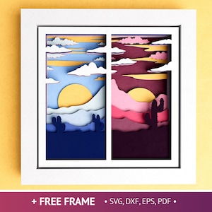 3D Desert Day & Night Shadow Box, Sunset e Sunrise Shadow Box SVG, arquivos de montanha 3D para Cricut e Silhouette com instruções fáceis